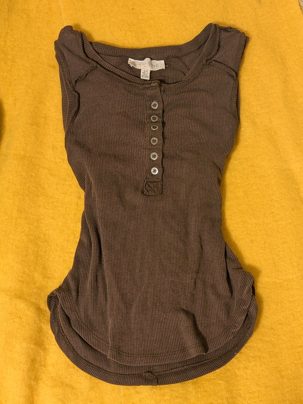 Wild Skye Brown Ribbed Henley Tank with Button Front